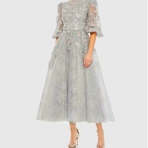Mac Duggal Silver Lace Midi Dress with Sheer Elbow Sleeves Size 8